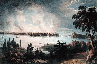 Vista de la ciudad de Nueva York desde Weehawk durante el Gran Incendio, 16 de diciembre de 1835, grabado por Day y Haghe de American School