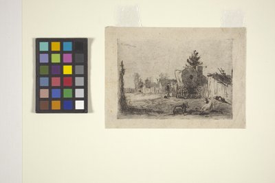 Calle de pueblo con ganado y carro cubierto (aguafuerte) de American School