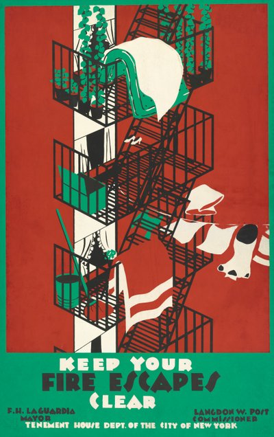 Póster vintage de una escalera de incendios de la ciudad de Nueva York de American School