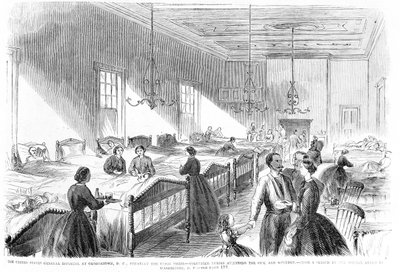 Enfermeras voluntarias atendiendo a los enfermos en el Hospital General de EE.UU. en Georgetown, de Frank Leslies Illustrated Newspaper, 6 de julio de 1861 de American School