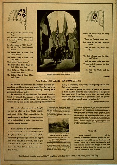Necesitamos un Ejército para Protegernos, folleto de propaganda de la Liga de Seguridad Nacional, c.1914-18 de American School