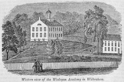 Vista occidental de la Academia Wesleyana en Wilbraham, de 