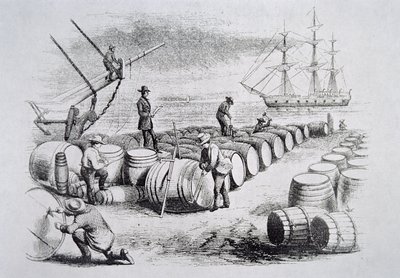Balleneros midiendo aceite en barriles, de La Pesca de Ballenas Americana, c.1850 de American School