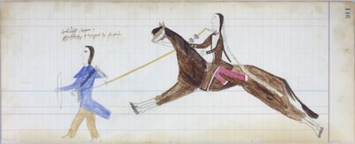 Hombre blanco parcialmente transformado en indio, ilustración del Black Horse Ledger, 1877-79 de American School