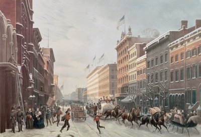 Escena de invierno en Broadway, Nueva York, 1857 de American School