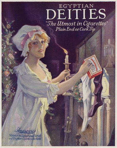 Mujer poniendo cigarrillos en un calcetín de Navidad, aversión por los cigarrillos de las Deidades Egipcias (litografía en color) de American School