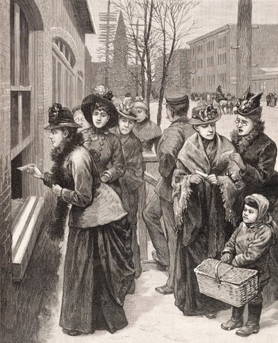 Mujeres votando en Cheyenne, Wyoming, EE.UU. (litografía) de American School