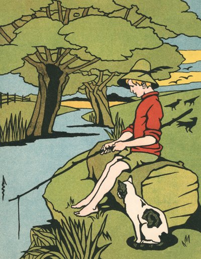 Niño pescando en un río con su gato de American School