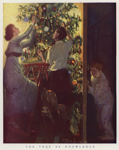 Niño escondido detrás de la puerta mientras su familia decora el árbol de Navidad (litografía en color) de American School