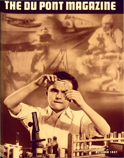 Niño con set de química, portada de la revista DuPont, octubre 1937 de American School