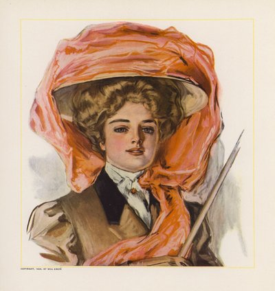 Mujer joven con sombrero decorado con organza naranja (litografía en color) de American School