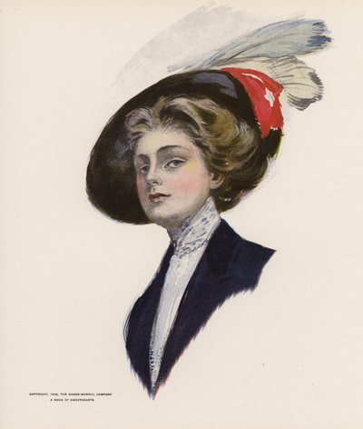 Mujer joven con sombrero de plumas (litografía en color) de American School