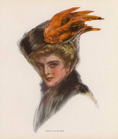 Mujer joven con sombrero de plumas naranjas (litografía en color) de American School