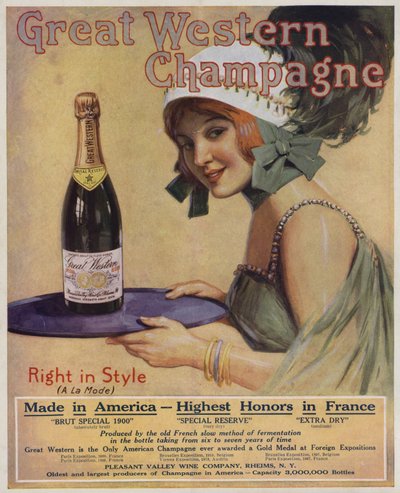 Mujer joven con una botella de champán, anuncio de Great Western Champagne (litografía en color) de American School
