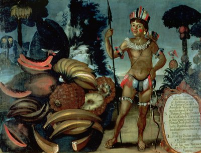 Indígena yumbo del barrio de Quito, Ecuador, con varias frutas y árboles (óleo sobre lienzo) de American School