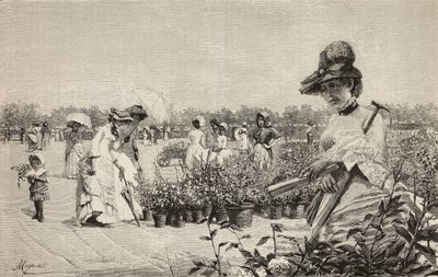 Mujeres paseando en Brera, Milán, Italia, grabado del cuadro Maggio (Mayo) de Amerino Cagnoni (1853-1923), de L