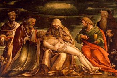 Piedad entre los santos Marcos, Ambrosio, Juan Evangelista y Antonio Abate, de Amico Aspertini (1474 o 1475-1552), temple sobre lienzo de Amico Aspertini