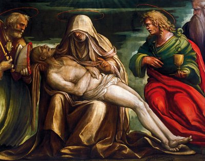 Piedad con San Marcos, Ambrosio, Juan Evangelista, Santa y Antonio Abate, de Amico Aspertini, Hacia 1519, temple sobre lienzo de Amico Aspertini
