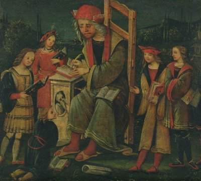 San Casiano en su silla, rodeado de sus estudiantes de Amico Aspertini