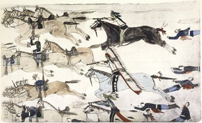Batalla de Little Big Horn 25-26 de junio de 1876. Retirada de los batallones del 7º de Caballería estadounidense al mando del comandante Marcus Reno. Pintura de Amos Bad Heart Buffalo (Sioux) c. 1900 de Amos Bad Heart Buffalo