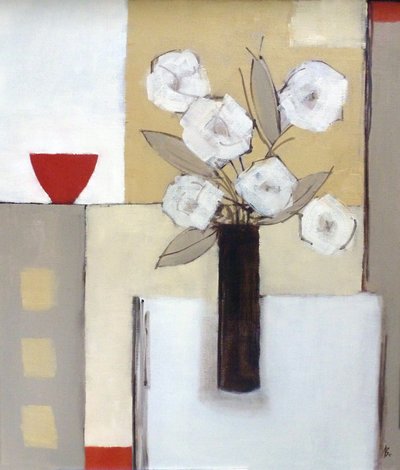 Tazón rojo, flores blancas de Ana Bianchi