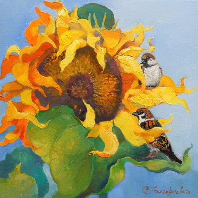 Gorriones girasoles dorados de Anastasiia Grygorieva