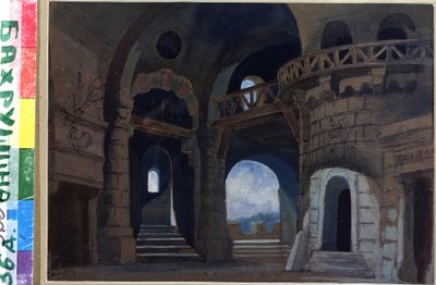 Decor pour la piece Macbeth de William Shakespeare (1564-1616) (Escenografía para la obra Macbeth de W.Shakespeare). Oeuvre de Anatoli Fyodorovich Geltser (1852-1918), aquarelle et gouache sur papier de Anatoli Fedorovich Geltser