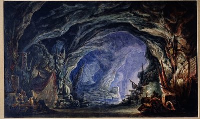 Escenografía del Ballet Corsario de A.Adam (1803-1856). La cueva de los corsarios, accesible por el mar, donde almacenan su botín y todo tipo de capturas (paños, vajilla, armas). Oe de Anatoli Fedorovich Geltser