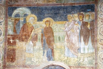 La Virgen recibiendo el púrpura y la cochinilla de Ancient Russian frescos