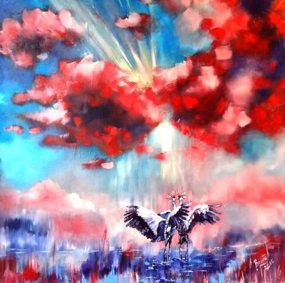 Dos grullas, nubes rojas de Anda Bieza