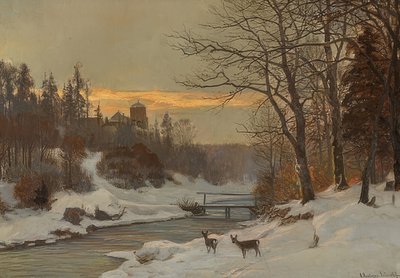 Paisaje invernal con arroyo de Anders Andersen Lundby