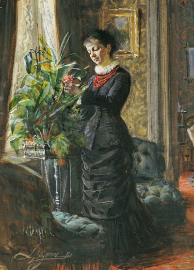 Retrato de Fru Lisen Samson, de soltera Hirsch, arreglando flores en una ventana, 1881 de Anders Leonard Zorn