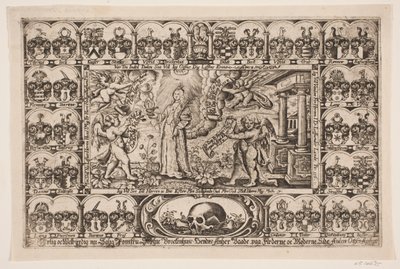 Sophie Brockenhuus y cuatro genios, rodeados de escudos de armas. De sermón fúnebre de Anders Ottesen