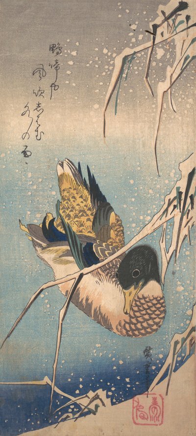 Un Pato Salvaje cerca de una Orilla Cargada de Nieve de Ando Hiroshige
