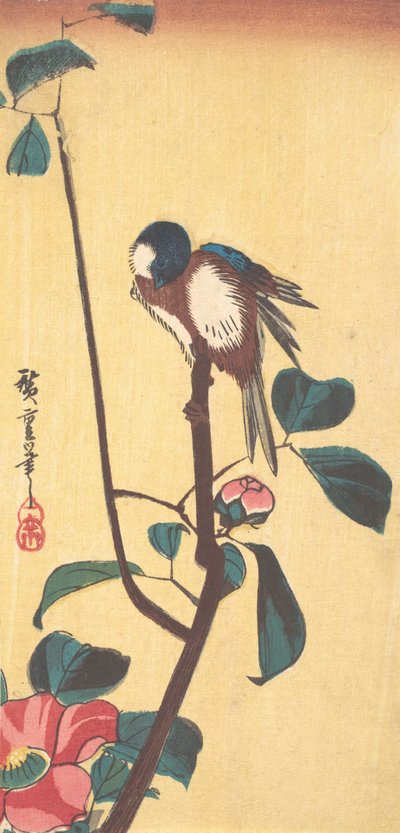 Camellia y pájaro de cabeza azul de Ando Hiroshige