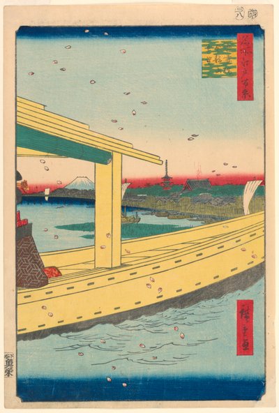 Vista distante del templo Kinryuzan desde el puente Azuma (Azuma-bashi, Kinryuzan embo) No.39 de la serie Cien vistas famosas de Edo de Ando Hiroshige