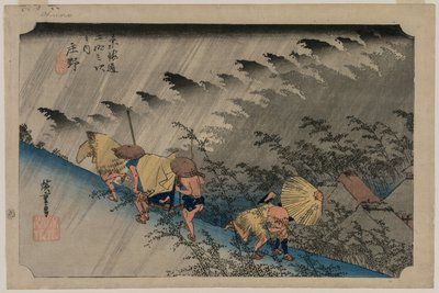 Lluvia torrencial en la estación de Shono 46 de la serie Cincuenta y tres estaciones del Tokaido, 1833 de Ando Hiroshige