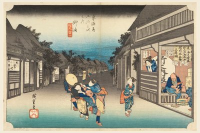 Goyu, mujeres deteniendo viajeros, en Las cincuenta y tres estaciones del camino Tokaido (Tokaido Gojusan Tsugi-no Uchi) de Ando Hiroshige