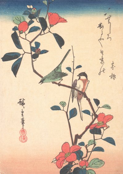 Ojo blanco japonés y herrerillo en una rama de camelia, ca. 1840 de Ando Hiroshige