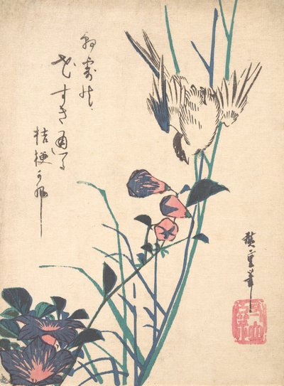 Pico plano de flores grandes y gorrión, ca. 1833 de Ando Hiroshige
