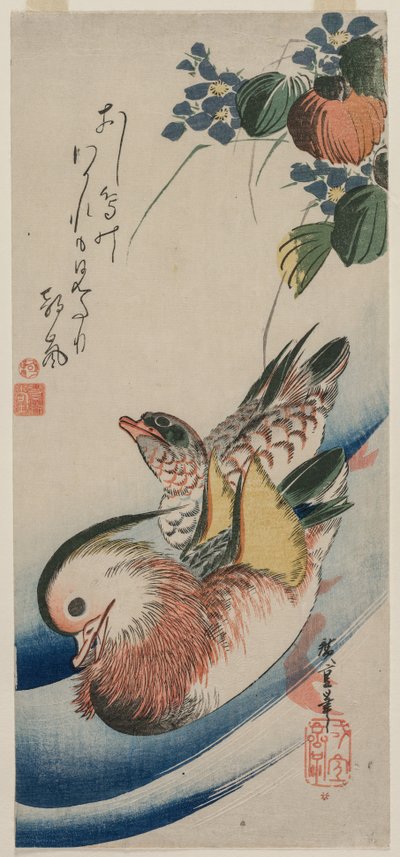 Patos mandarines y plantas florecientes, principios o mediados de la década de 1830 de Ando Hiroshige