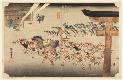 Miya (Festival del Templo Atsuta Jiuji), en Las Cincuenta y Tres Estaciones del Camino Tokaido (Tokaido Gojusan Tsugi-no Uchi) de Ando Hiroshige