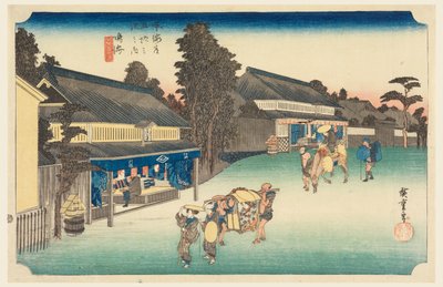 Narumi, un lugar famoso por su tela, en Las Cincuenta y Tres Estaciones del Camino Tokaido (Tokaido Gojusan Tsugi-no Uchi) de Ando Hiroshige