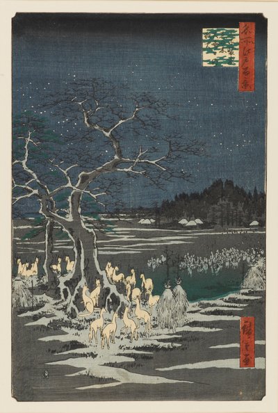 Fuegos de zorro en la víspera de Año Nuevo en el Árbol Cambiante, Oji, siglo XIX de Ando Hiroshige