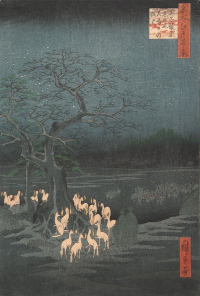 Fuegos de zorro en la víspera de Año Nuevo en el Árbol Cambiante, Oji, ca. 1857 de Ando Hiroshige