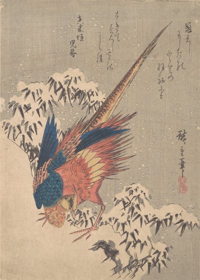 Faisán entre bambú cargado de nieve en la ladera, ca. 1840 de Ando Hiroshige