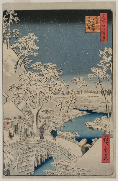 Imagen del crepúsculo en el puente Drum en Meguro..., 1857 de Ando Hiroshige