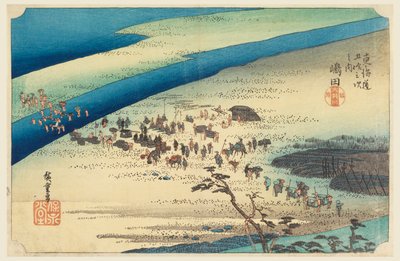 Shimada, viajeros cruzando el Oigawa, en Las cincuenta y tres estaciones del camino Tokaido (Tokaido Gojusan Tsugi-no Uchi) de Ando Hiroshige