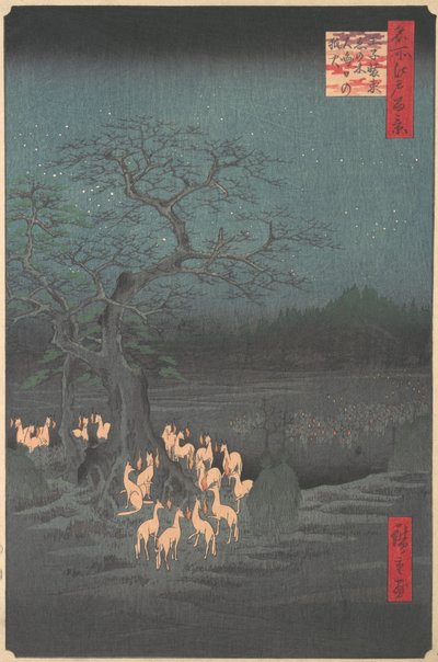 Árbol Shozokuenoki en Oji: Fuegos de zorros en la víspera de Año Nuevo, 1857 de Ando Hiroshige
