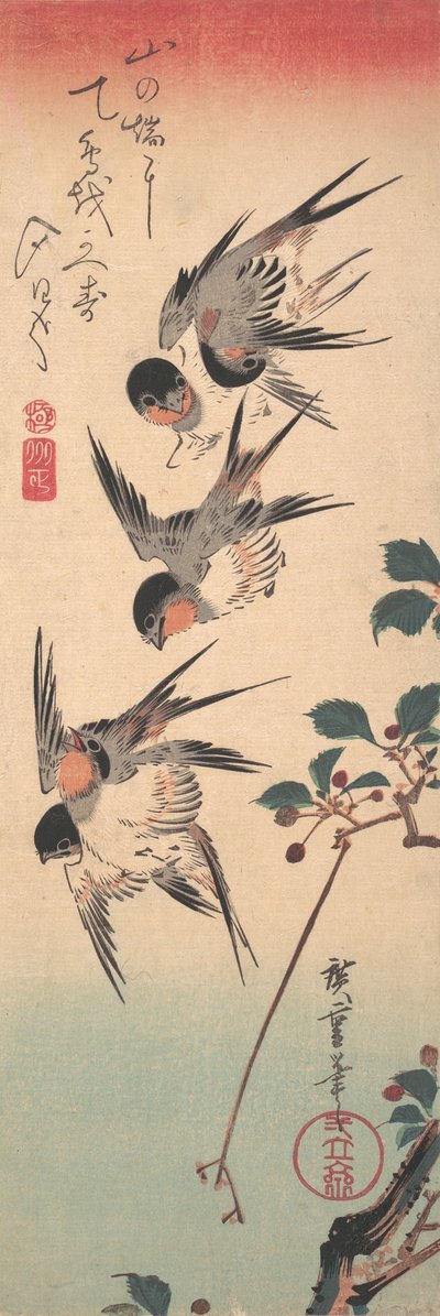 Golondrinas y cerezo silvestre en flor, ca. 1835 de Ando Hiroshige